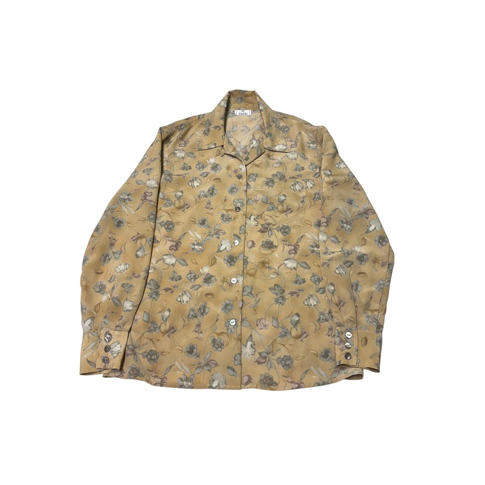 Zanella Made Italy Tan Floral Button Down Blouse Long Sleeve Womens Size 8 / 42